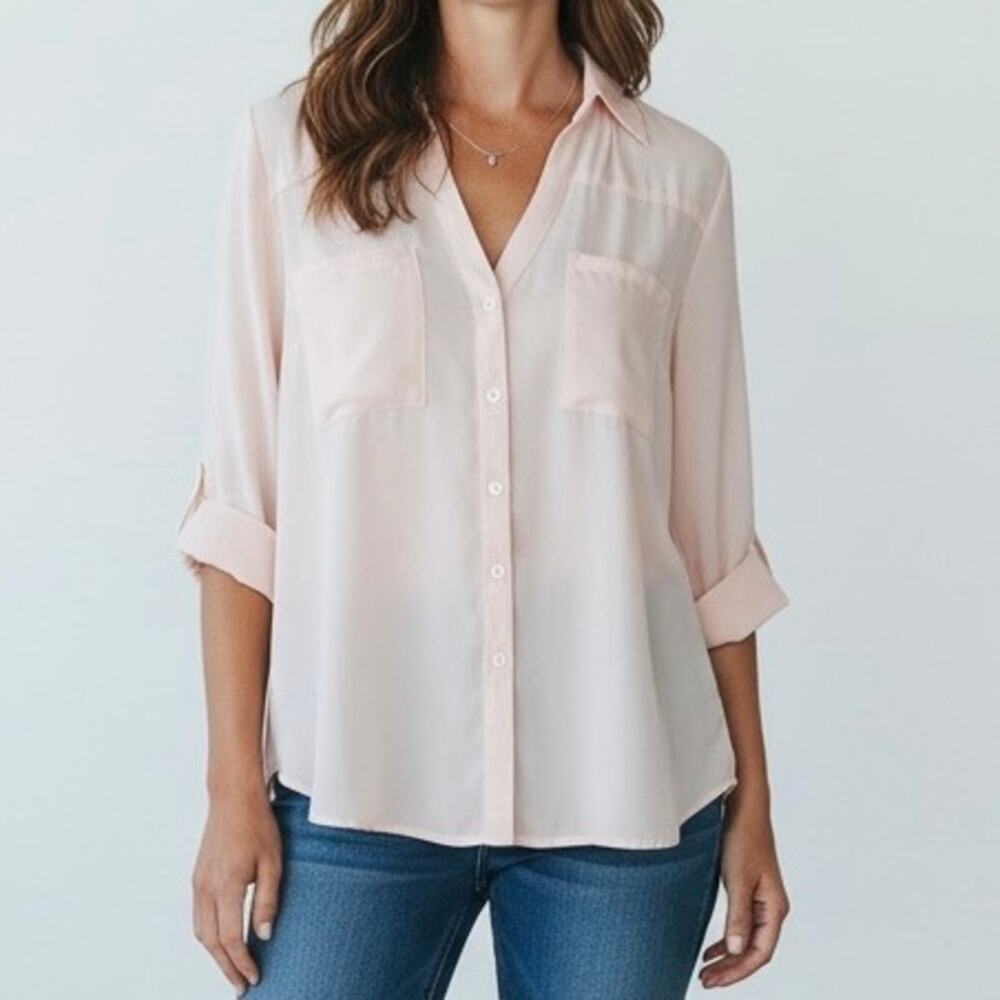 BCX Women's Blush Pink Roll Tab Sleeve V-Neck Button Up Blouse Top Size Small